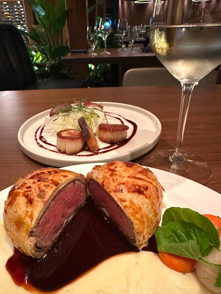 Beef Wellington and Scallop & Pork belly