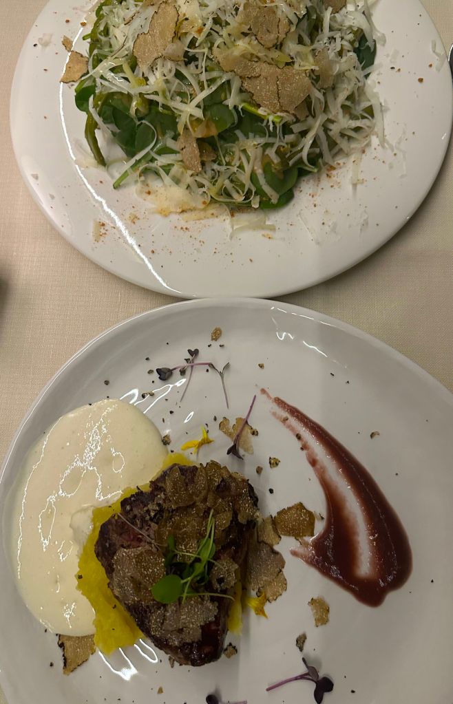 Spinach salad with manchego cheese and black truffle and Irish fillet with truffle