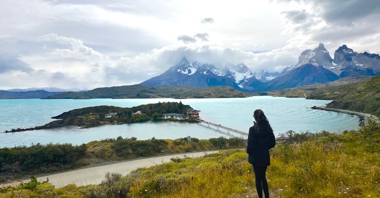 View of Lake Pehoe and small island at Mirador Cóndor