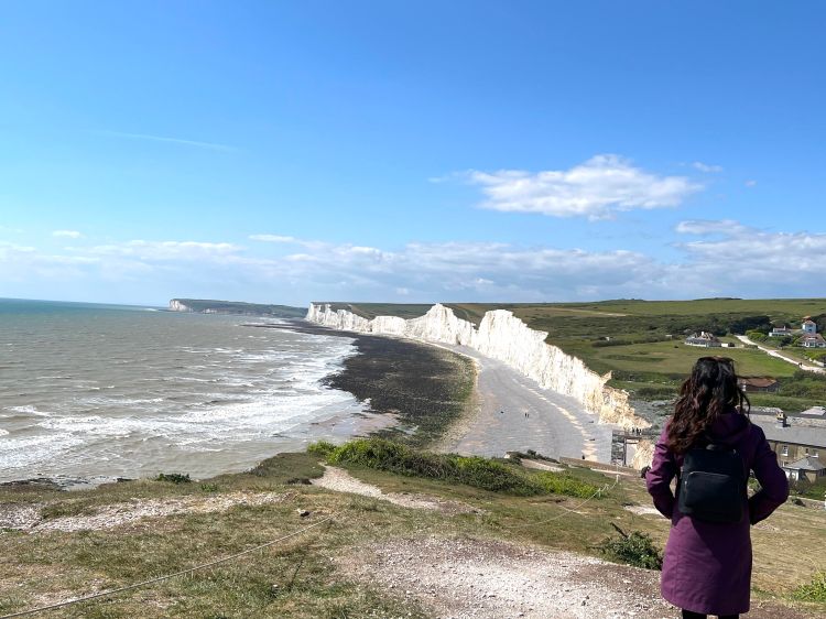 View of the Seven Sisters white cliffs on the coast of a beach at Birling Gap
