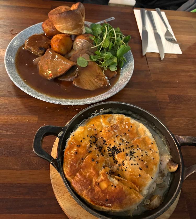Traditional roast beef and chicken and mushroom pie at Old Weavers House