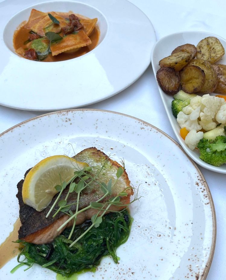 Crab and lobster ravioli and salmon at Rampila